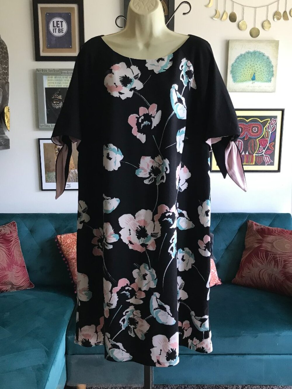 VINCE CAMUTO size 18W Black Floral Print Stretch Split Sleeve Dress NWT